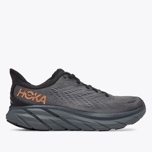 Hoka Women's Gray Clifton 8 Running Shoe with Orange Logo Accent